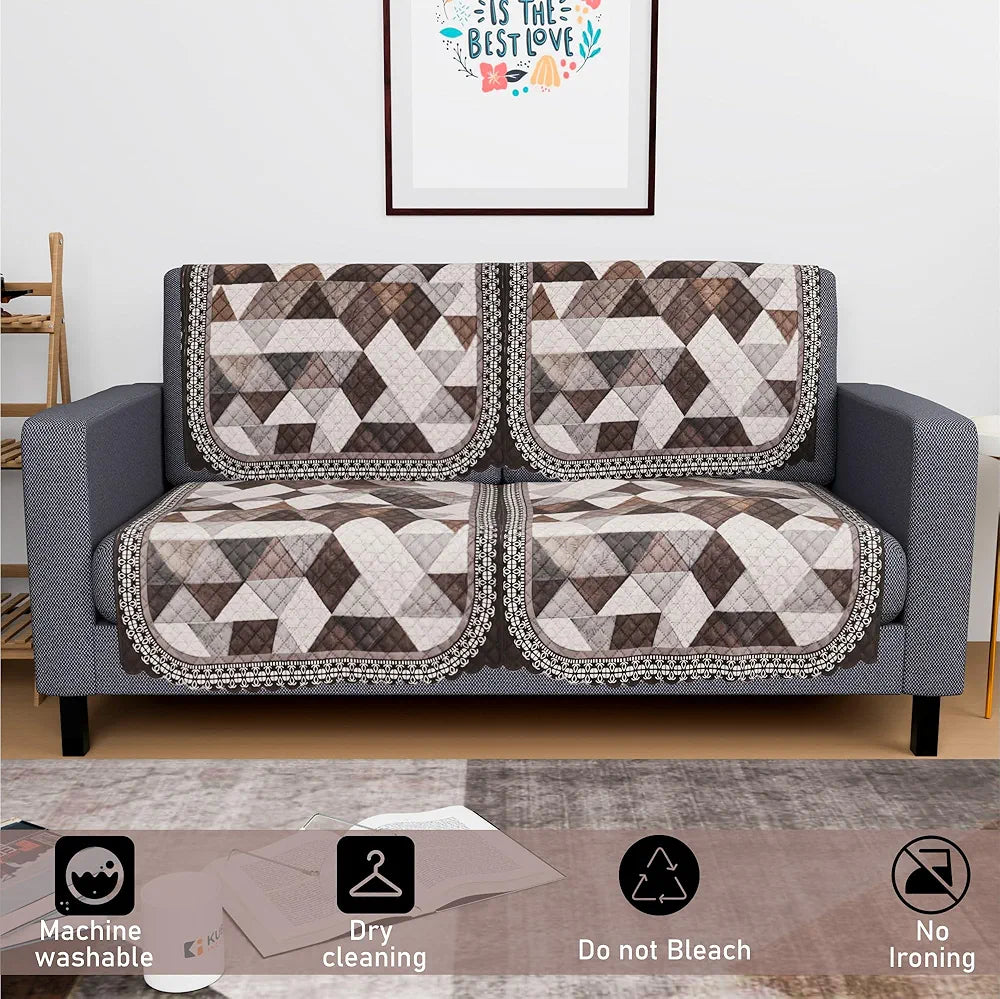 Kuber Industries Set of 4 Durable 2 Seater Sofa Cover for Living Room | Easy Machine Washable Sofe ke cover for Protection & Comfort for Home Furniture | Triangle Print - White & Brown